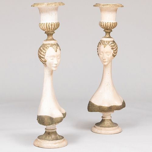 Pair of Cream and Gold Painted Composition Figural Jardinières
