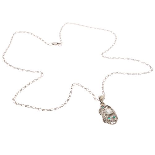 Art Deco Diamond, 14k White Gold, Sterling Silver Necklace