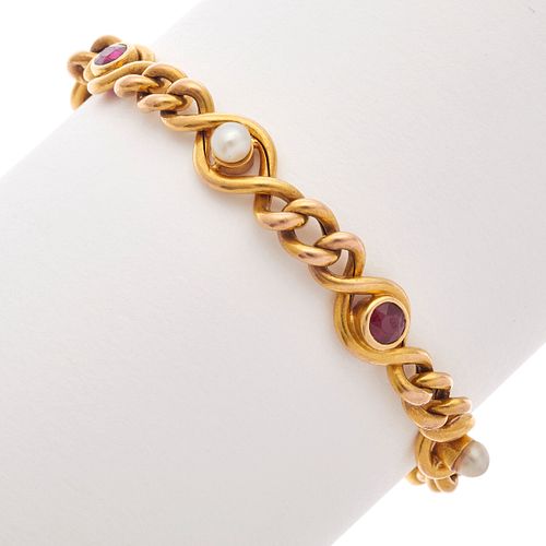 Ruby, Cultured Pearl, 18k Yellow Gold Bracelet