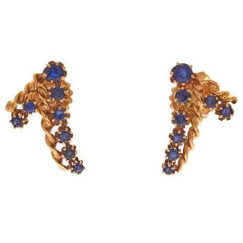 Pair of Sapphire, 14k Yellow Gold Earrings