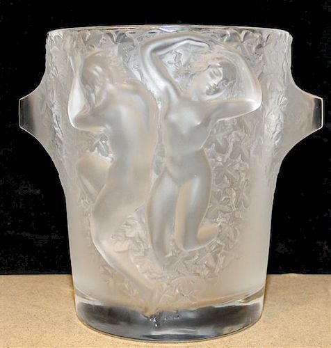 A Lalique Molded and Frosted Glass Ice Bucket. Height 9 1/4 inches.