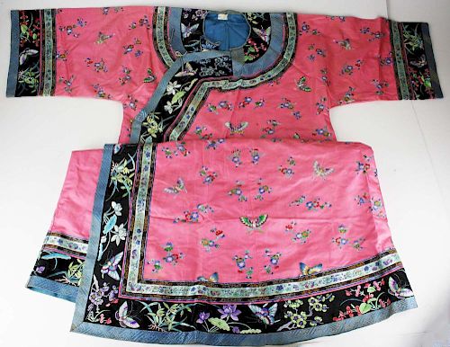 19Th C Chinese Embroidered Pink Silk Robe.