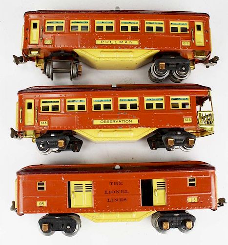 Three Lionel Lines Passenger Cars.