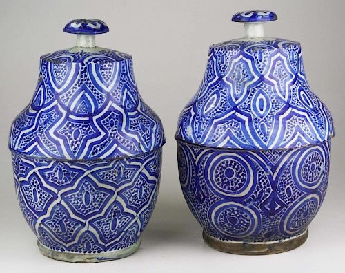 Pair Of 19Th C. Moroccan Pottery Covered Jars Or Urns