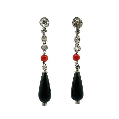 Platinum Earrings with Onyx, Coral & Diamonds