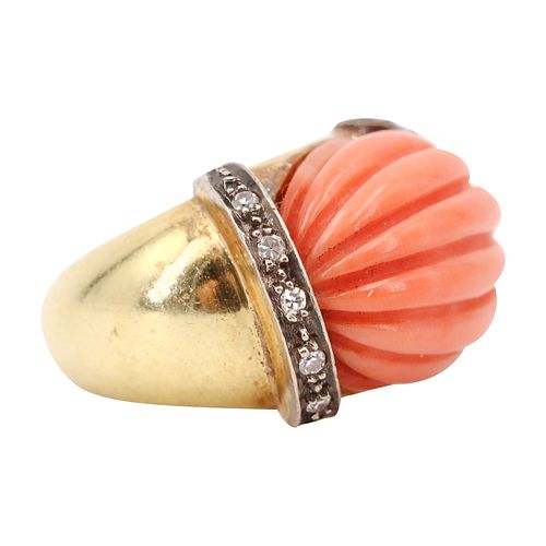 Coral & Diamonds 18k Gold Ring