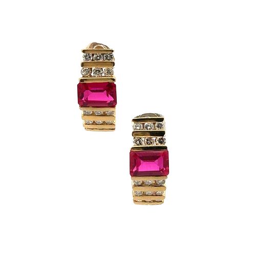 Synthetic Rubies & Diamonds 14k Gold Earrings