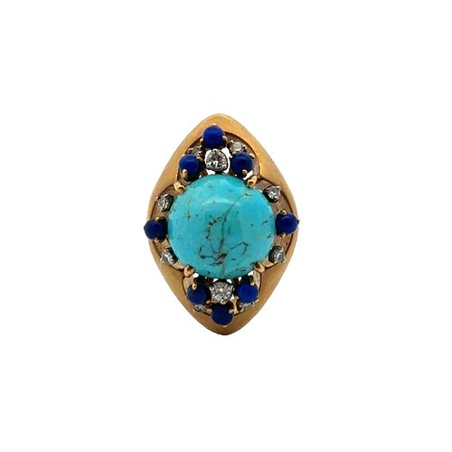 Mid-century 18k Gold Ring with Turquoise, Lapiz and Diamonds