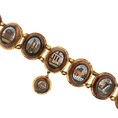 Antique Italian 18K Gold Micro Mosaic Bracelet Etruscan Revival Grand Tour Roman Scenic