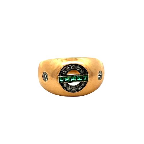 Retro 18k Gold Ring with Diamonds & emeralds