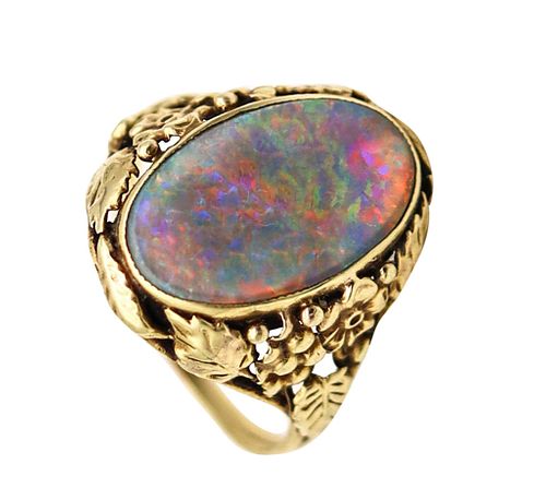 American 1895 Art Nouveau Ring In 14K Gold With 3.42 Cts Black Opal