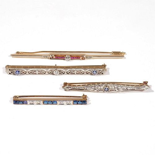 Lot of 4 Pin Brooches in 14k Gold with Diamonds & Gemstones