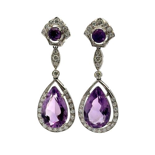 Platinum Drop Earrings With Amethyst and Diamonds
