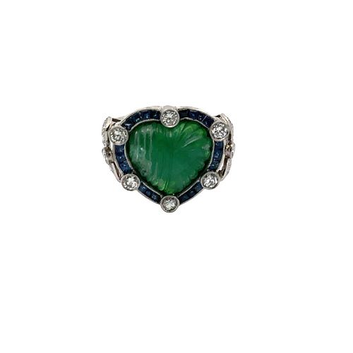 Platinum Cocktail Ring with Diamonds, Carved Emerald& Sapphires