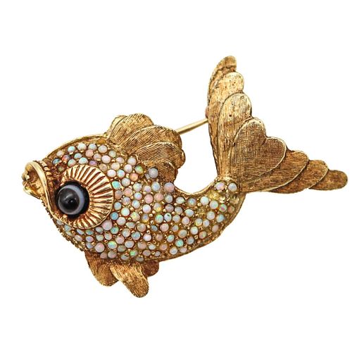 Italian 1960 Modernist Fish Brooch In 18Kt Yellow Gold With Australian Opals