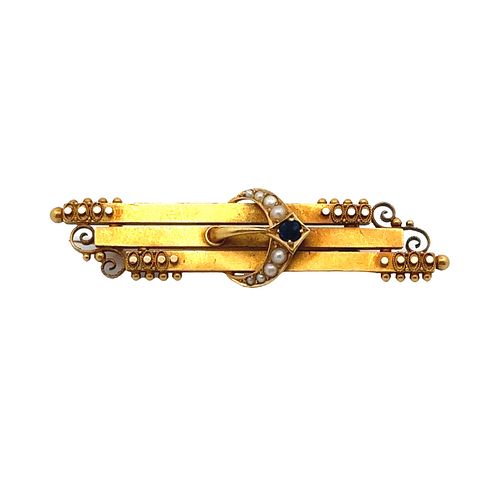 English 15k Gold Pin Brooch with Sapphire & micro pearls