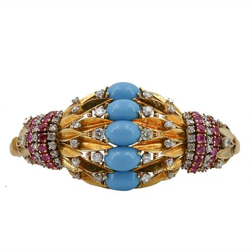 Diamonds, Rubies & turquoises 18k Gold Retro Bracelet
