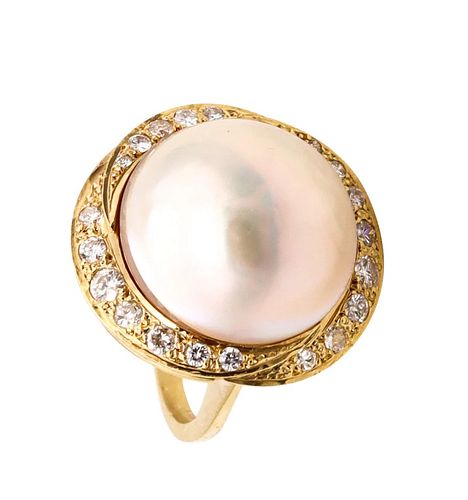 Mid Century Cocktail Ring In 18K Gold With Mabe Pearl & Diamonds