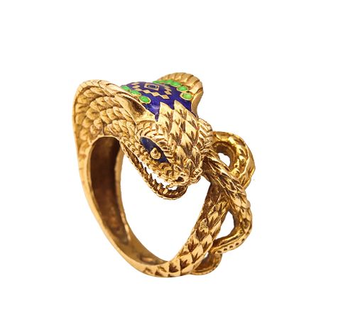 Etruscan Revival Cobra Ring In 18K Gold With Enamel
