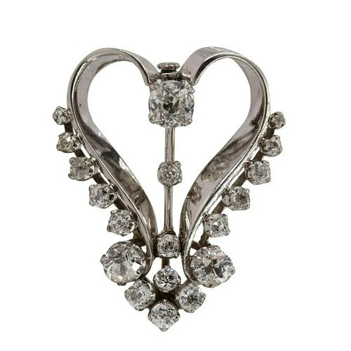2.75 Carats Diamonds, 18k gold Deco Heart brooch / Pendant