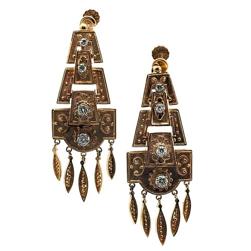 Etruscan Revival 14k Gold Earrings with Diamonds