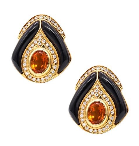 Gem Set Earrings In 18Kt Gold With 4.56 Cts In Diamonds Citrine And Onyx