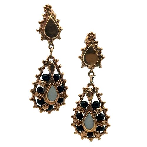 14k Gold Drop Earrings with Opal and Onyx