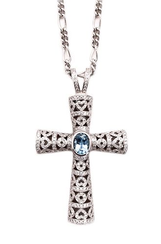 Theo Fennel London 18Kt Chain, Cross With 6.29 Cts In Diamonds & Aquamarine
