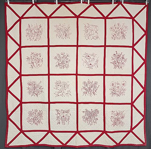 Vintage c1930 Botanical Redwork Quilt