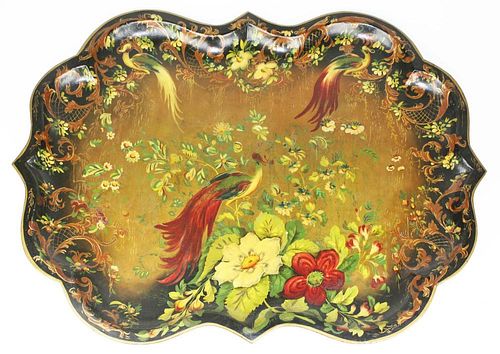 Early 19Th C Tin Tray W/ Painted Birds & Flowers