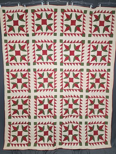 Antique 1851 Red and Green Turkey Tracks Quilt