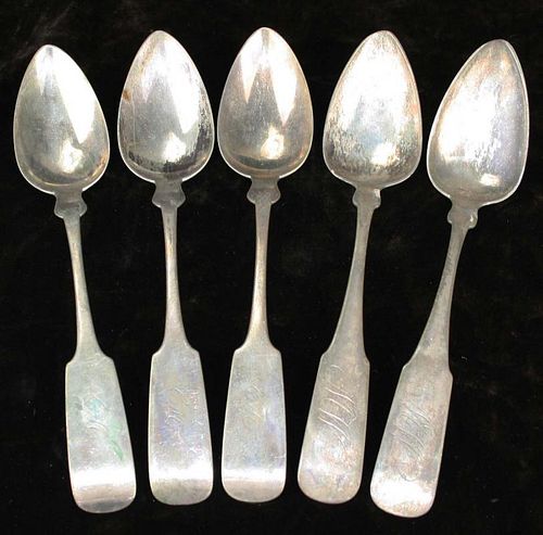 5 American Coin Silver Table Spoons By A. J. Evans 9"