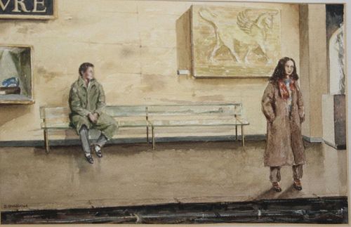 20Th C Watercolor Of Two Young People In Subway