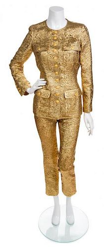 * A Chanel Metallic Gold Jacquard Suit Ensemble, Jacket Size 38.
