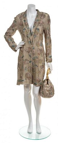 * A Fendi Silver Beaded and Embroidered Coat Ensemble, Coat Size 42; Handbag dimensions: 15" x 11" x 6".