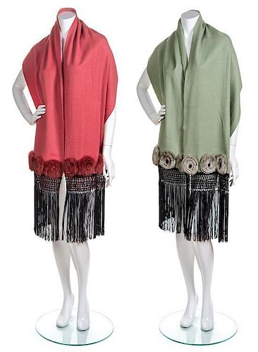 * A Pair of Fendi Dusty Rose and Sage Green Camel Cashmere and Sheared Mink Scarves, Both are 17" by 66".