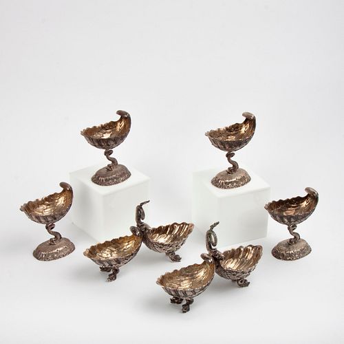 Six Silver Dolphin and Shell Tableware Items
