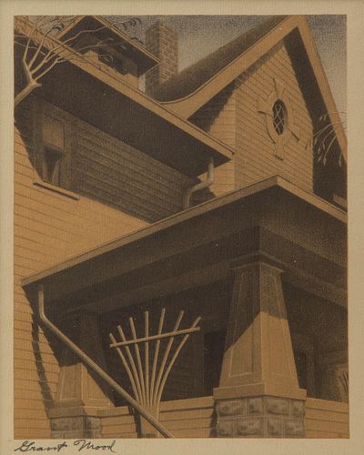 Grant Wood Pencil-Signed 'Main Street Mansion' Offset