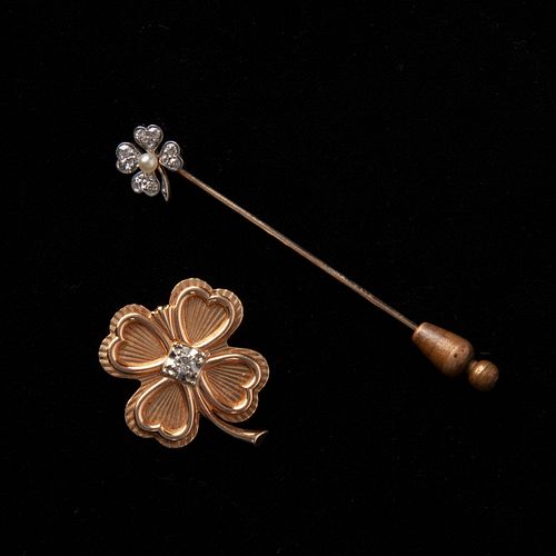 Diamond Four Leaf Clover Gold Pendant and Stick Pin, 14k & 18k