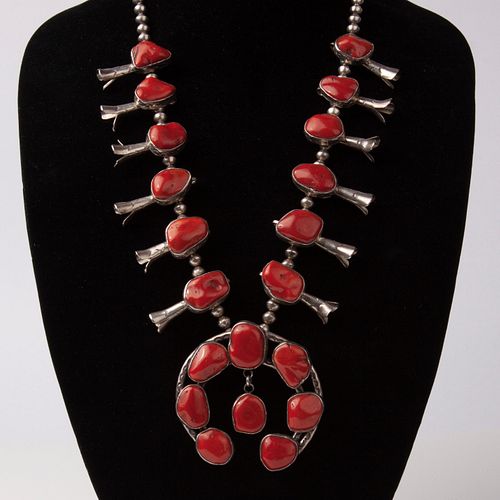 Navajo Red Coral Squash Blossom Necklace, Handcrafted & Signed