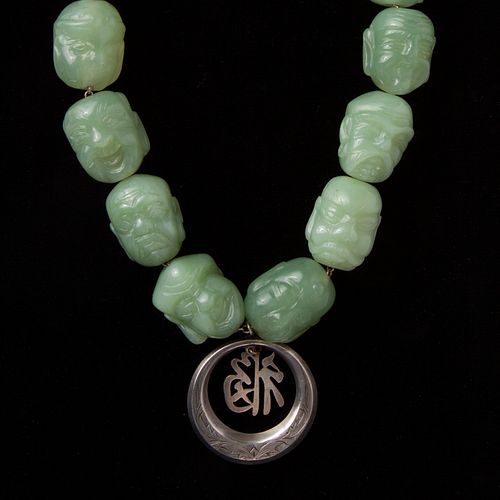 Jadeite Jade Carved Monk Budai Heads Necklace, Sterling