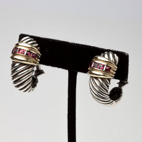 David Yurman Garnet Shrimp Earrings, Sterling & 14k