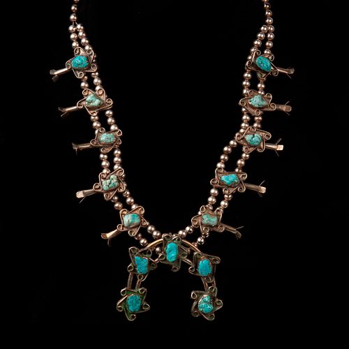 Navajo Turquoise Squash Blossom Necklace, Circa 1950's 