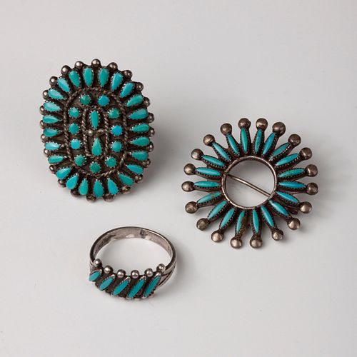 Group of Zuni Petit Point and Needle Point Rings and Brooch
