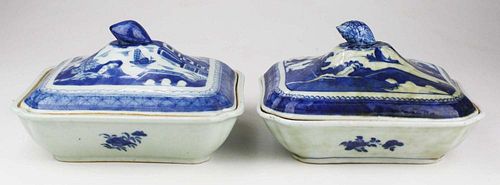 Pair Of Chinese Canton Blue And White Porcelain Covered