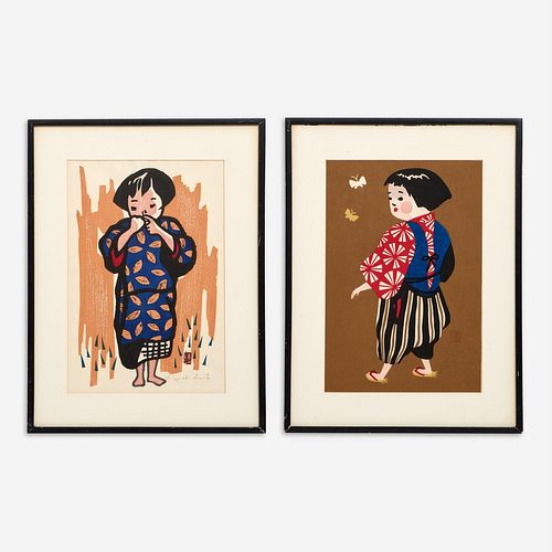 KIYOSHI SAITO "Children of Aizu" (Two Color Woodblocks)