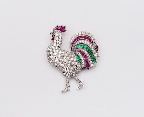 TIFFANY & CO. Platinum, Diamond, Ruby, and Emerald Rooster Brooch