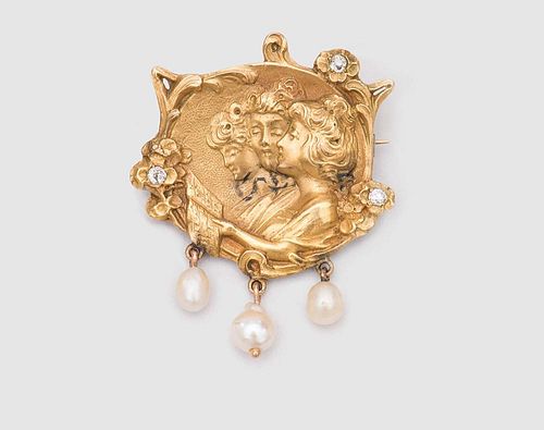 14K Yellow Gold, Diamond, and Pearl Brooch