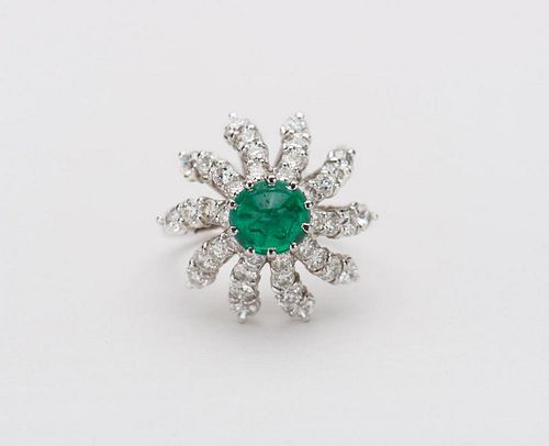 14K White Gold, Emerald, and Diamond Ring