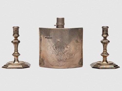 English Silver Diminutive Candlestics and and English Silver Hip Flask